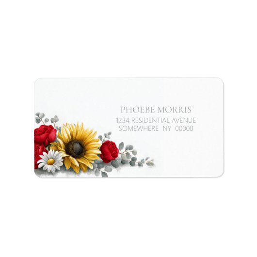 Sunflower and Red Rose Floral Address Label ラベル (正面)