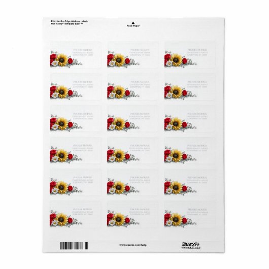 Sunflower and Red Rose Floral Address Label ラベル (フルシート)