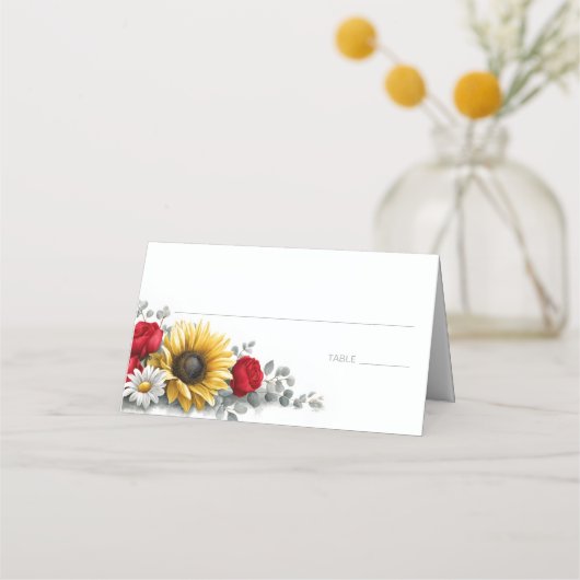 Sunflower and Red Rose Floral Wedding Place Card プレイスカード (正面)