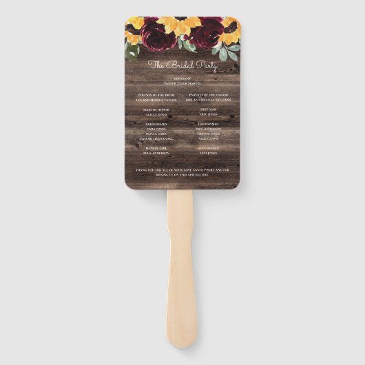 Sunflower and Roses Rustic Wood Wedding Program ハンドファン (裏面)