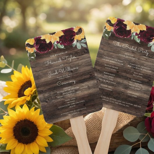 Sunflower and Roses Rustic Wood Wedding Program ハンドファン