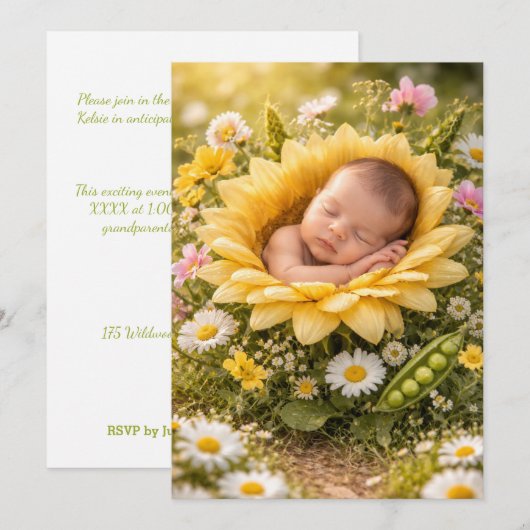 SUNFLOWER BABY IN BLOOM DIGITAL DOWNLOAD INVITE 招待状 (正面/裏面)