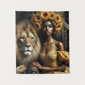 Sunflower Black Woman With Lion タペストリー