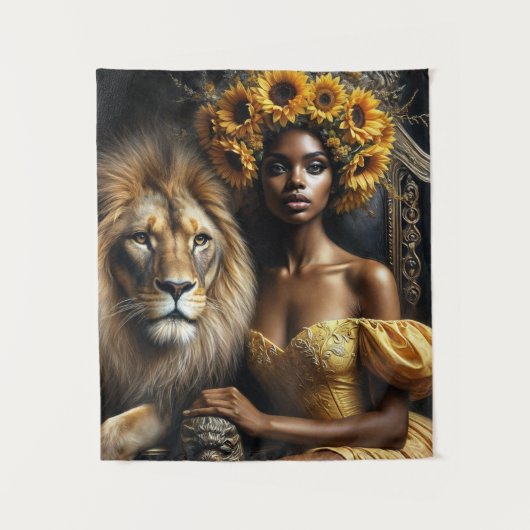 Sunflower Black Woman With Lion タペストリー (正面)