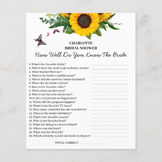 Sunflower Bridal Shower Trivia Question チラシ (正面)