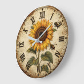 Sunflower & Bumble Bee Rustic Farmhouse ラージ壁時計 (傾斜)