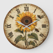Sunflower & Bumble Bee Rustic Farmhouse ラージ壁時計 (正面)