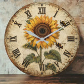 Sunflower & Bumble Bee Rustic Farmhouse ラージ壁時計
