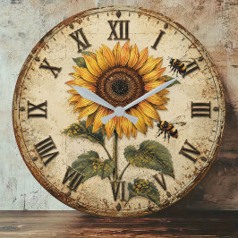 Sunflower & Bumble Bee Rustic Farmhouse ラージ壁時計