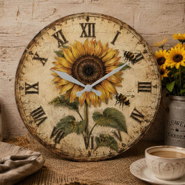 Sunflower & Bumble Bee Rustic Farmhouse ラージ壁時計