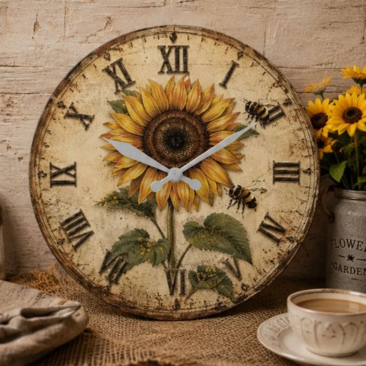 Sunflower & Bumble Bee Rustic Farmhouse ラージ壁時計