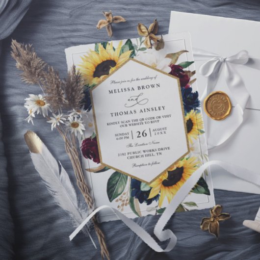 Sunflower Burgundy Navy Blue QR Code Wedding 招待状