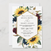 Sunflower Burgundy Navy Blue QR Code Wedding 招待状 (正面)