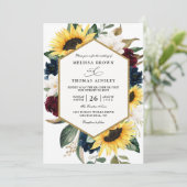 Sunflower Burgundy Navy Blue QR Code Wedding 招待状 (スタンド正面)