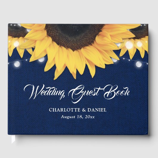 Sunflower Burlap String Lights Navy Blue Wedding ゲストブック (正面)