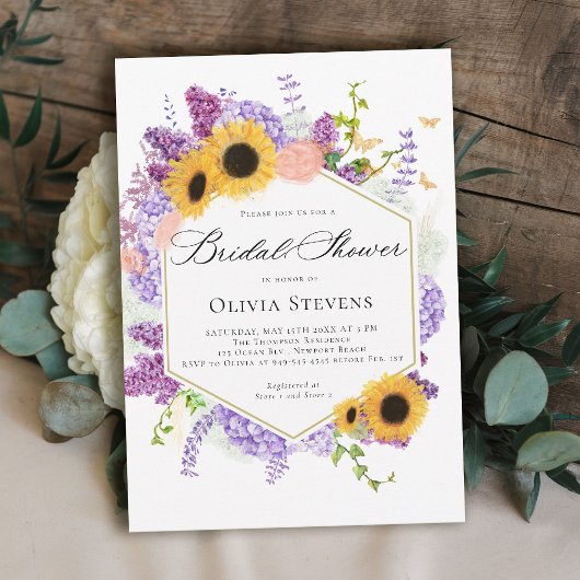 Sunflower Butterflies Lilac Hexagon Bridal Shower 招待状