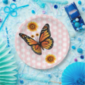 Sunflower Butterfly Paper Plates Pink White Square ペーパープレート (パーティー)