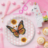 Sunflower Butterfly Paper Plates Pink White Square ペーパープレート (パーティー)