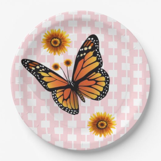 Sunflower Butterfly Paper Plates Pink White Square ペーパープレート (正面)