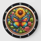 Sunflower Butterfly Stained Glass ラージ壁時計 (正面)