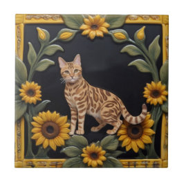 Sunflower Cats - Bengal Cat & Yellow Sunflowers タイル