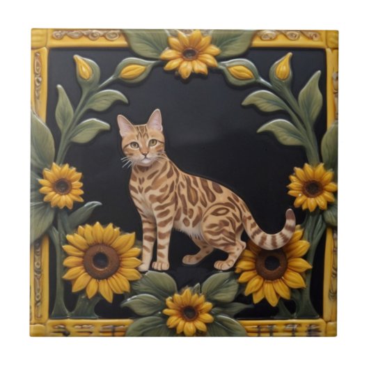 Sunflower Cats - Bengal Cat & Yellow Sunflowers タイル (正面)