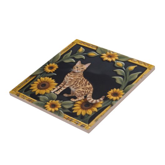 Sunflower Cats - Bengal Cat & Yellow Sunflowers タイル (側面)