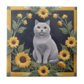 Sunflower Cats - Grey Cat & Yellow Sunflowers タイル (正面)