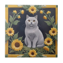 Sunflower Cats - Grey Cat & Yellow Sunflowers