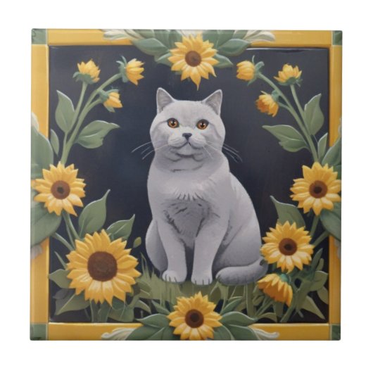 Sunflower Cats - Grey Cat & Yellow Sunflowers タイル (正面)