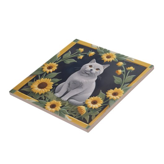 Sunflower Cats - Grey Cat & Yellow Sunflowers タイル (側面)