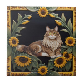 Sunflower Cats - MaineCoon Cat & Yellow Sunflowers タイル