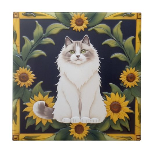 Sunflower Cats - Ragdoll Cat & Yellow Sunflowers タイル (正面)