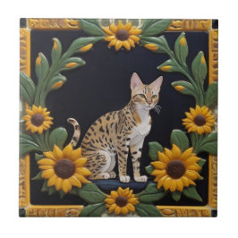 Sunflower Cats - Savannah Cat & Yellow Sunflowers タイル