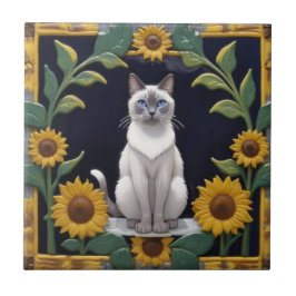 Sunflower Cats - Siamese Cat & Yellow Sunflowers タイル