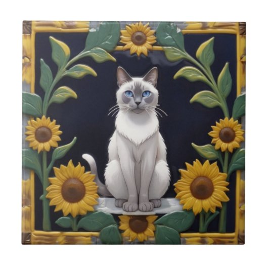 Sunflower Cats - Siamese Cat & Yellow Sunflowers タイル (正面)