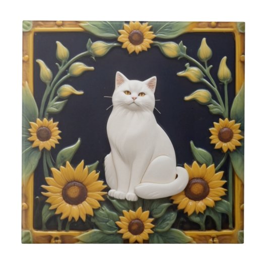 Sunflower Cats - White Cat & Yellow Sunflowers タイル (正面)