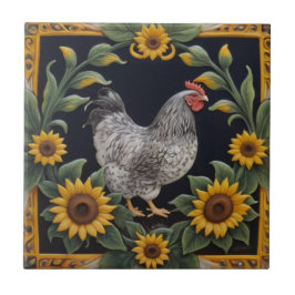 Sunflower Chicken - Gray Hen & Sunflowers タイル
