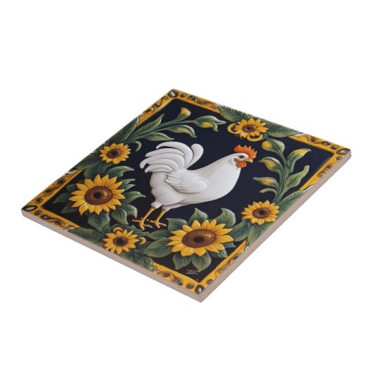 Sunflower Chicken - White Hen & Yellow Sunflowers タイル (側面)