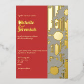 Sunflower Coral Sunset Modern Wedding Gold 箔招待状 (正面)