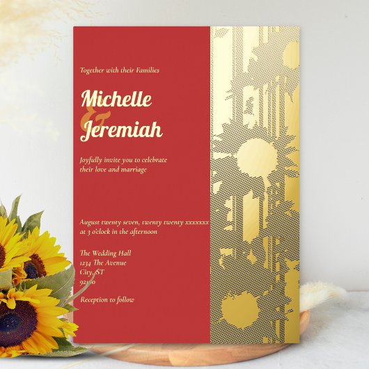Sunflower Coral Sunset Modern Wedding Gold 箔招待状