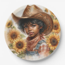 Sunflower Cowgirl Black Child Watercolor ペーパープレート