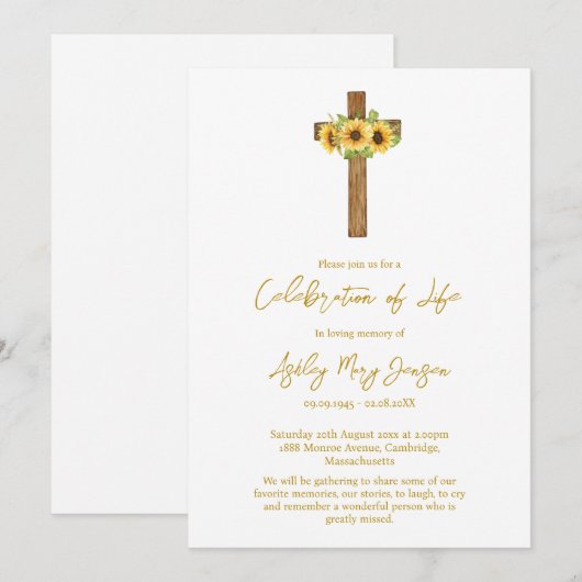 Sunflower Cross Celebration of Life Funeral 招待状 (正面/裏面)