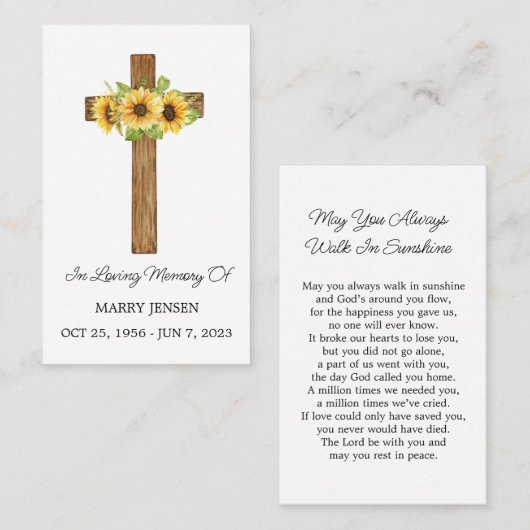 Sunflower Cross Memorial Funeral Prayer Card 名刺 (正面/裏面)