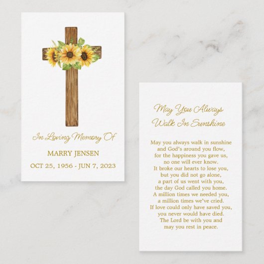 Sunflower Cross Memorial Funeral Prayer Card 名刺 (正面/裏面)