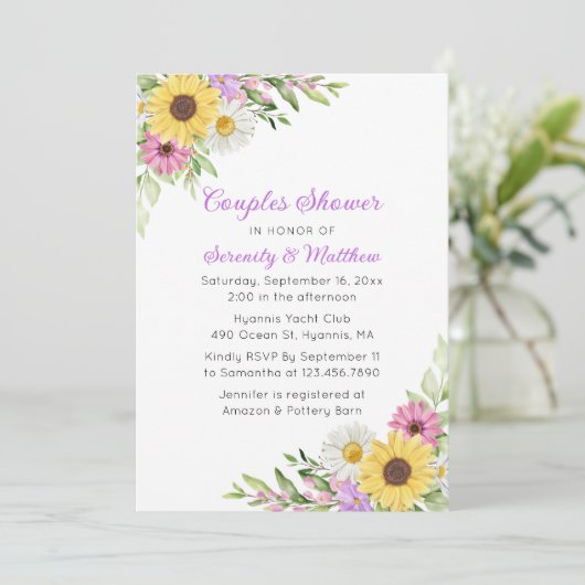 Sunflower Daisy Floral Boho Garden Couples Shower 招待状 (スタンド正面)