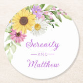 Sunflower Daisy Spring Watercolor Floral Wedding ラウンドペーパーコースター (正面)
