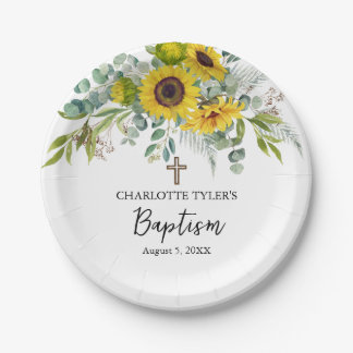 Sunflower & Eucalyptus Boho Cross Baptism ペーパープレート