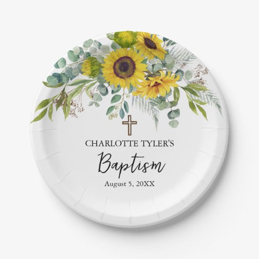 Sunflower & Eucalyptus Boho Cross Baptism ペーパープレート (正面)