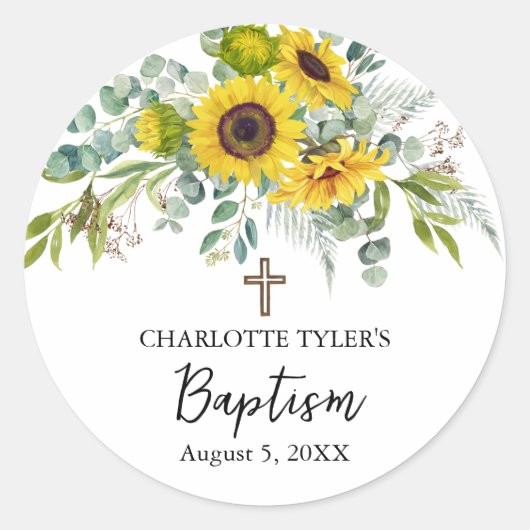 Sunflower & Eucalyptus Boho Cross Baptism ラウンドシール (正面)